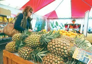 Joanna Bifone looks at pineapples and mangoes April 18 at the Newcastle Fruit and Produce stand, on the first weekend of its 17th season at the corner of Newcastle Way and Coal Creek Parkway Southeast. By Greg Farrar