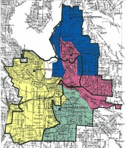 ContributedMap of proposed preliminary new boundaries for all district middle schools: The heavy black lines show current middle school boundaries; the blue area is the boundary for the new middle school; the pink area is the new boundary for McKnight Middle School; the yellow area is the new boundary for Dimmitt Middle School; and the green area is the new boundary for Nelsen Middle School.