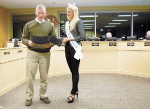 By Christina Corrales-Toy Mayor Rich Crispo reads aloud a proclamation at the Feb. 5 City Council meeting honoring Mandy Schendel for her performance in the 2013 Miss America competition.