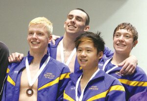 By Greg Farrar Hazen High School’s 200-yard medley relay team of (from left) Malcolm Mitchell, Nolan Hoover, Derek Wei and Connor Broughton stand on the podium with their medals after a fourth-place finish in 1 minute, 39.64 seconds at the 3A state swim championships.