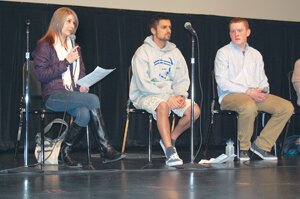 By Christina Corrales-Toy Liberty High School students (from left) Jenna Purkis, Neil Chakravarty and Ashton Herrild talk about the effects the legalization of marijuana has on teens at a Drug Free Community Coalition forum held at Liberty on Feb. 6.