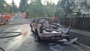Credit: Bellevue Fire Department A U-Haul rental pickup truck filled with compressed gas cylinders caught fire and erupted in a Newcastle neighborhood July 29.