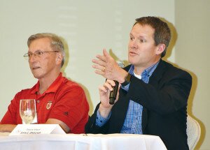 By Christina Corrales-Toy Deputy Mayor John Drescher (right) answers an audience question, as City Councilman Rich Crispo listens beside him.