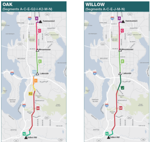 Credit: Puget Sound Energy The Puget Sound Energy Community Advisory Group recommended Oak and Willow routes for the Energize Eastside project. Both include Segment M, which runs through Newcastle.